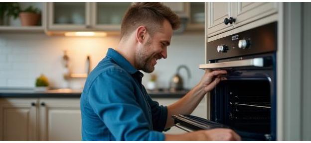 Technicien réparant un four dans une cuisine moderne